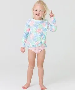 Ruffled Long Sleeve Rash Guard 2-Piece- Pastel Palms