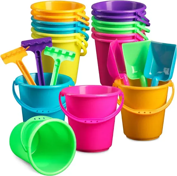 Beach Party set for Kids (Pack of 12) 4.5-Inch Party Beach Pails, with Shovels, Rakes, and Mesh Bags, Heavy-Duty Sturdy Unbreakable Plastic for Sand and Water, Summer Fun Outdoor Party Favors