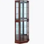 Belleze Lighted Corner Display Curio Cabinet Wooden Curved Shelving Unit with Tempered Glass Door Bar and Liquor Storage Area with 6 Shelves - Ashfie