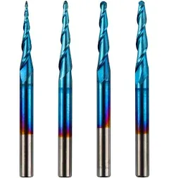 Genmitsu 4pcs 2-Flute Tapered Ball Nose End Mills Tungsten Carbide Cutter with Nano Blue Coat, R0.25-1.0, 1/8” Shank, TB04A