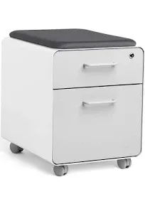 Poppin Mobile Mini Sittable Stow Rolling File Cabinet - White & Light Gray w Dark Gray Seat Cushion. Two Locking Drawers & One Key Lock. Two Keys Included. One Utility Drawer & One Hanging File Drawer