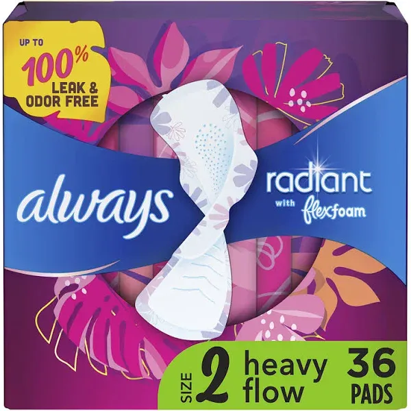 Always Radiant Pads, Flexi Wings, Heavy Flow, Light Clean Scent, Size 2 - 36 pads