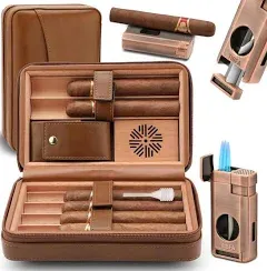 Tisfa Cigar Humidor Leather Cedar Wood Cigar Case with Cigar Lighter V Cut Cigar Cutter