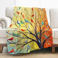 Colorful Tree Blanket Gifts for Women Girls Mom Psychedelic Forest with Birds Decoration for Home Bedroom Living