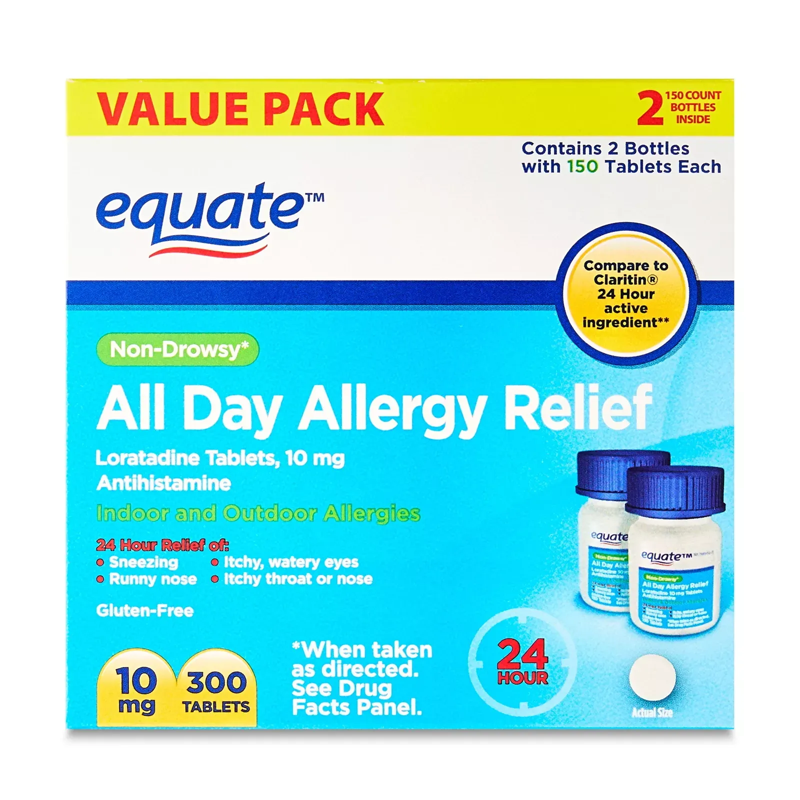 Equate Allergy Relief, Cetirizine Hydrochloride Tablets, 10 mg, 90 Count, 2 Pack