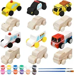 12 Pieces Unfinished Wooden Cars Wood DIY Car Toys Wood Crafts Painting Crafts Kit