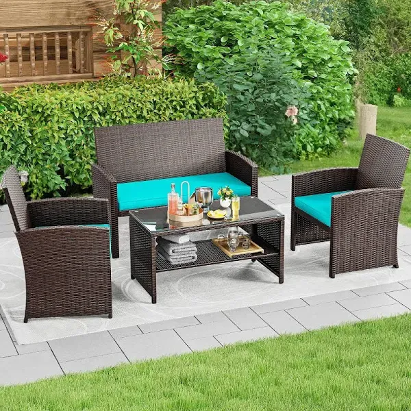 YITAHOME Patio Furniture Wicker Outdoor Bistro Set, 4-Piece All Weather Rattan Conversation Loveseat for Backyard, Balcony and Deck w/Soft Cushions and Metal Coffee Table (Brown+Blue)