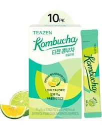 TEAZEN Green Mandarin Lime Kombucha Tea, Hydration Drink Mix, Sugar Free, Live Probiotics & Prebiotics, 10 Sticks, 1.76oz