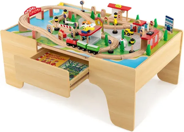 Costway 84-Piece Wooden Train Set with Reversible and Detachable Tabletop