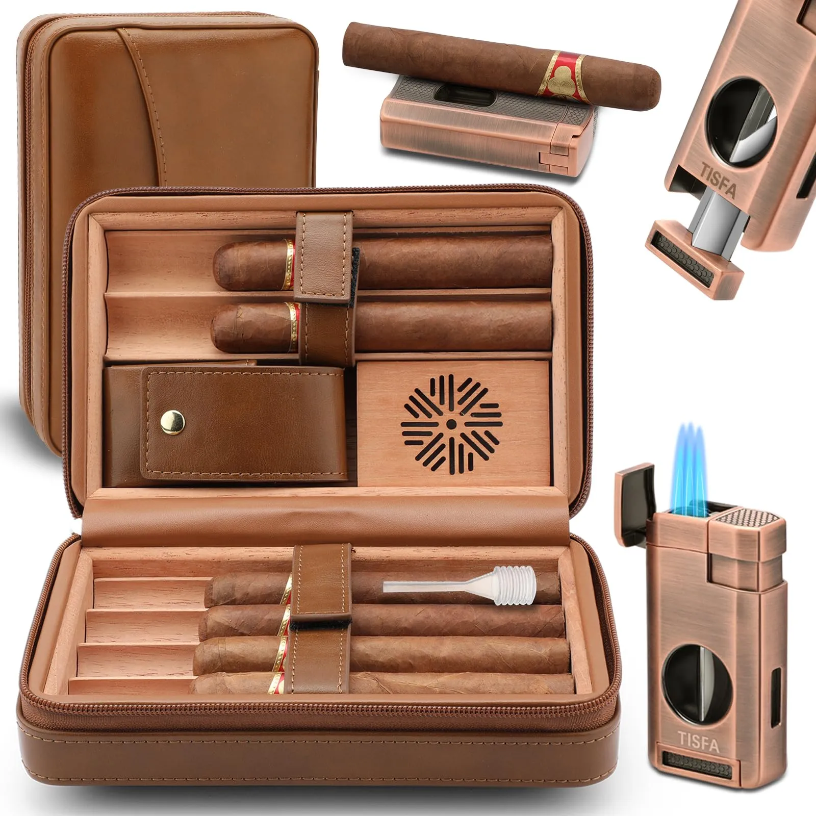 Tisfa Cigar Humidor Leather Cedar Wood Cigar Case with Cigar Lighter V Cut Cigar Cutter