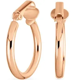 Wide Large Medium Hammered or Simple Tube Hoop Clip On Earrings For Women Teen 14K Yellow Rose Gold Plated .925 Sterling Silver Hinge .75-1 Inch Diameter