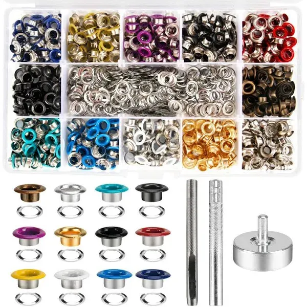 Metal Eyelets, 600Pcs 12 Colors 3/16 inch Metal Grommets Kit, Multi-Color Grommets Kit, Metal Eyelets Set with 3 Pieces Installation Tool and Storage Box for DIY Shoes Clothes Crafts Bag