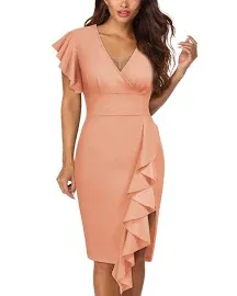 Knitee Deep V-Neck Ruffle Cocktail Dress Size Large Pencil Sheath Event Party