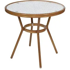 Flash Furniture Lourdes Indoor/Outdoor Commercial Bistro 31.5" Table, PE Rattan, Glass Top, Bamboo Print Aluminum Frame, Natural & White Rattan/Light