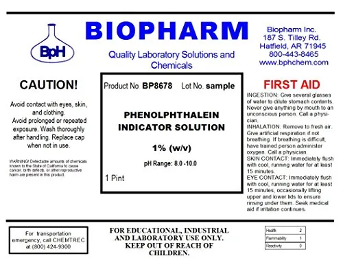 Phenolphthalein pH Indicator 1% Solution — One 500 mL (1.06 Pint) Bottle Plus 1 Dropper Bottle containing 50 ml of Solution