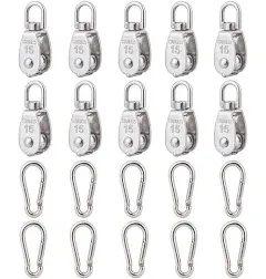 uxcell Set of 6 M15 Single Pulley Block with Spring Snap Hook, 304 Stainless Steel Hanging Wire Towing Wheel, Crane Pulley Roller Loading 80lbs