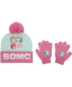 Sonic The Hedgehog Pink and White Youth Cuffed Beanie and Gloves Set 