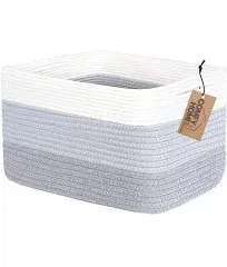 COMFY-HOMI Cotton Rope Woven Basket With Handles for Shelves, Toy, Book, Cloth Storage Basket for Organizing|NEW 13.5" x 11" x 9.5" Decorative Nursery Cube Bin for Living Room（White/3-Tone Grey）