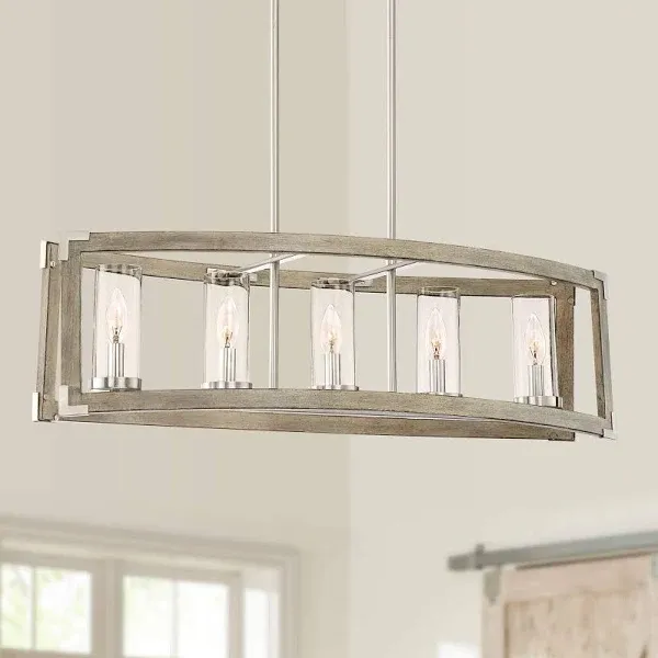 Possini Euro Design Kerr Wood Brushed Nickel Island Pendant Chandelier 32 3/4" Wide Modern Clear Glass Shade 5-Light Fixture for Dining Room Living House Home Foyer Kitchen Island Entryway Bedroom