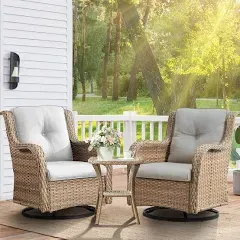 HUMMUH 3-Piece Swivel Rocking Rattan Chair Outdoor, Patio Bistro Furniture Conversation Set, Cushioned Wicker Chair with Glass Coffee Table(Yellow,Beige)