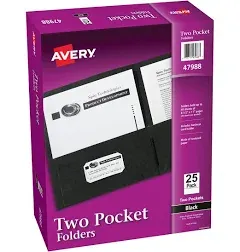 Avery 47988 Two-Pocket Folder, 20-Sheet Capacity, Letter Size, Black, 25/BX