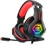 Gaming Headset for PC, Ps4, Ps5, Xbox Headset, Gaming Headphones with Noise Cancelling Flexible Mic Memory Earmuffs RGB Light for Phone, Switch, Mac -Red