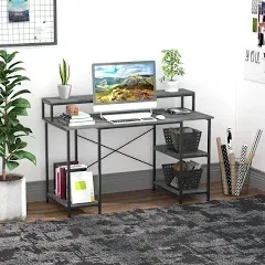 KLMM Wood 55 Inch Home Office Computer Desk Study Writing Workstation with Storage Shelves and Elevated Monitor Shelf, CPU Stand and X-Shaped Construction, for Home Office Dorm (Grey@Monitor Shelf)