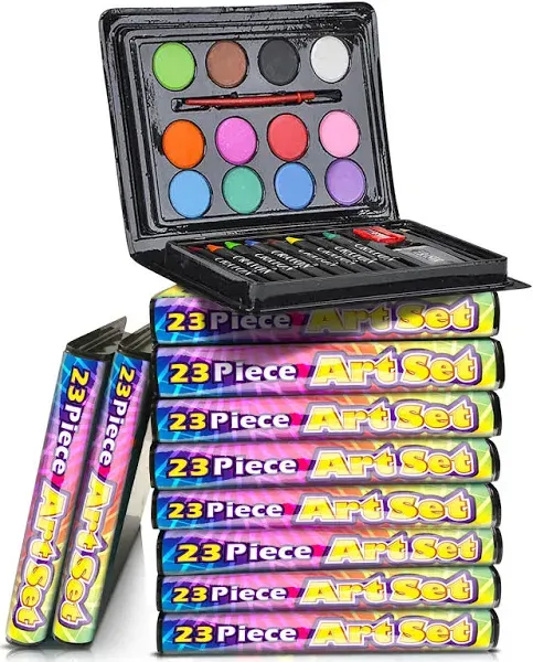 Mini Art Sets for Kids - Pack of 12-23-Piece Kits with Watercolors, Crayons, Paint Brush and More - Fun Art Supplies, Party Favors for Girls and Boys, Goody Bag Fillers, Carnival Prize