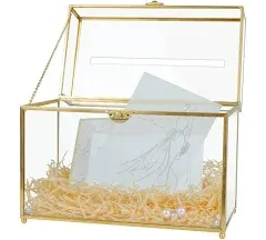 Glass Wedding Card Box with Slot, 10.2” Large Gold Card Box for Wedding Reception, Clear Gift Card Storage Box with Lock Perfect for Wedding, Bridal Shower, Baby Shower, Birthday Party