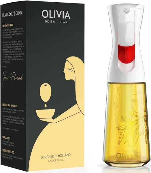 FLAIROSOL OLIVIA Oil Sprayer for Cooking, 200ml Glass Olive Oil Sprayer, Continuous Oil Spray Bottle with Portion Control, Olive Oil Dispenser for Kitchen, Air Fryer, Salad, BBQ (Golden Leaves)