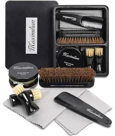 MAXIMILIAN Shoe Polish Kit 7 PC Leather Shoe Care Kit for Shoe Care and Cleaning with Neutral & Black Polish, 100% Horse Hair Shoe Brushes, Shine Cloths, Shoe Horn Father's Day Gift for men