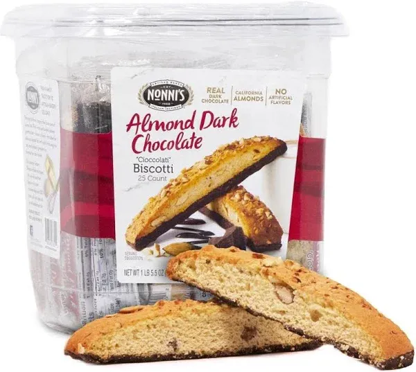 Nonni's individually wrapped Dark Chcolate Almond Italian Cookies, .86oz value pack of 25 in a 21.5oz tub