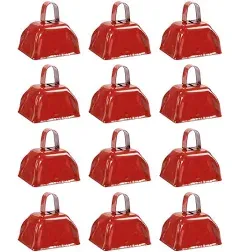 12 Pack Cow Bells Noise Makers with Handle for Sporting Events, Football Games, Red, 3 x 3 in