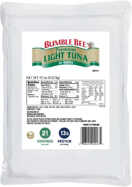 Bumble Bee Light Tuna Pouch in Water, 2.5 oz Pouch - Ready to Eat Tuna Fish, Hig