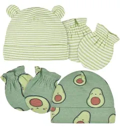 Gerber® 4-Piece Baby Neutral Green &amp; White Avocado Caps &amp; No Scratch Mittens Set