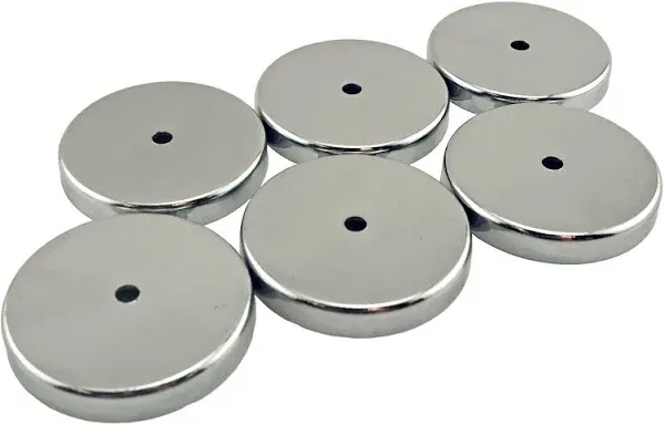 Master Magnetics Round Base Magnet Fastener with 0.197" Center Hole Chrome Plate, 2.04" Diameter, 0.302" Thick, 35 Pounds, Silver (Pack of 6), RB50CX6