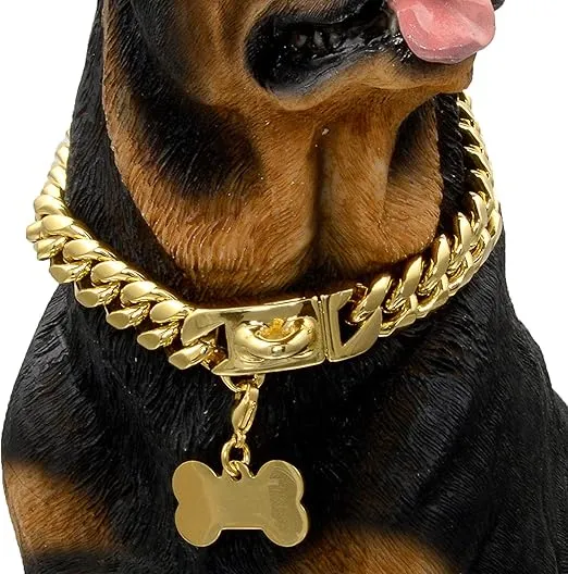 Gold Dog Chain Collar Walking Metal Chain Collar with Design Secure Buckle,18K Cuban Link Strong Heavy Duty Chew Proof for Medium Dogs(14MM, 22")