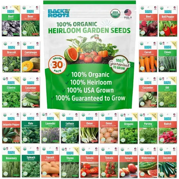 Back to the Roots Heirloom Organic, Non-GMO & USA Grown Seeds, 30ct Herb, Fruit, and Veggies, Assortment May Vary, Guaranteed to Grow