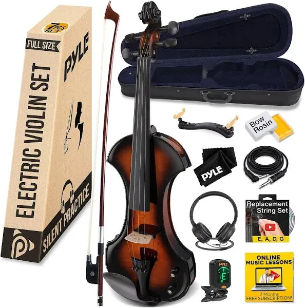 Pyle Full Size Electric Violin 4/4 Solid Wood Silent Fiddle with Amplifier Kit