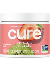 Cure Hydration | Plant-Based Electrolyte Drink Mix | No Added Sugar | Dehydration Relief Powder Made with Coconut Water | Non-GMO | Vegan | FSA & HSA | 28 Servings Jar - Strawberry Kiwi