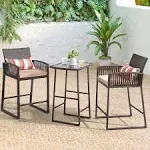 SUNSITT 3-Piece Outdoor Wicker Bar Height Table Set, 2 Bar Stools and 1 Pub Table with 2 Striped Pillows, Seat Cushions, Steel Frame