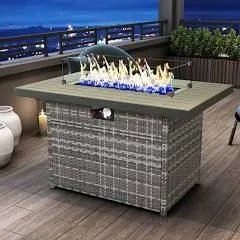 44 Inch Propane Gas Fire Pits Table for Outside Patio, 60000 BTU Rectangular Outdoor Wicker Rattan Fire Pit with Glass Wind Guard