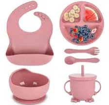 Silicone Baby Feeding Set|Baby Led Weaning Supplies Set|Suction Baby Dark Pink