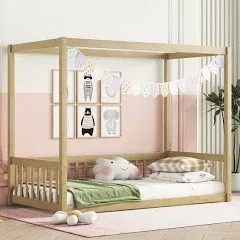 Twin Size Canopy Bed Frame with Guardrails for Kids,Floor Bed Twin with Four Poster Design,Kids Montessori Floor Bed,Wood Canopy Bed Frame for Girls