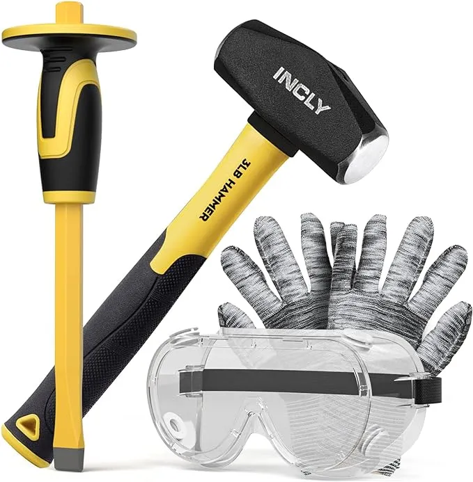 INCLY 4 PCS Geology Rock Pick Equipment Kit, 3lb Sledge Hammer 12" Mason Concrete Flat Chisel, Safety Glasses, Gloves, Tool Set for Hounding,Gold Mining & Prospecting, Brick Stone Breaking