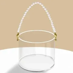 Flower Girl Basket Clear Wedding Petals Basket with Pearl Handle Acrylic Flower Holder for Confetti (Round)