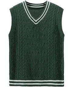 GORGLITTER Men's Striped Cable Knit Sweater Vest Sleeveless V Neck Pullover Sweater Tops