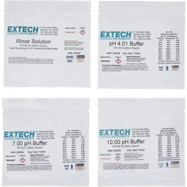 Extech Ph103 4, 7 & 10 Ph Tripak Buffer Pouches Plus Rinse Solution 