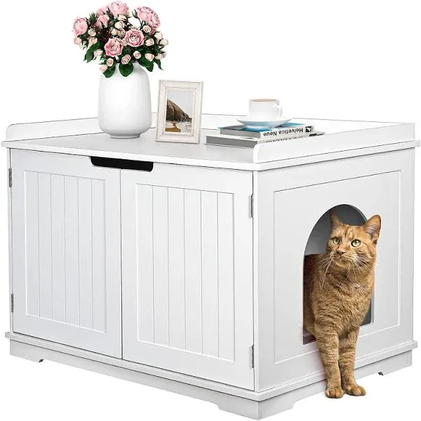 Zeny Cat Litter Box Enclosure, Cat Litter Box Furniture Hidden, Wooden Cat Litter Cabinet with Divider, Modern Cat Washroom Storage Bench - White