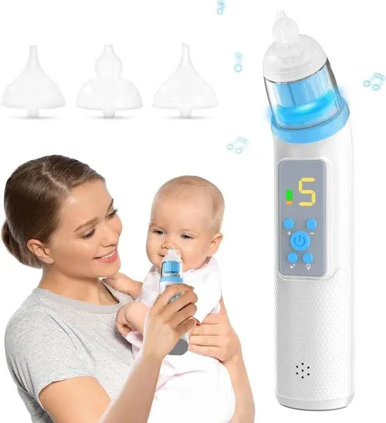 Nasal Aspirator for Baby, Electric Nose Suction for Baby Nose Sucker with 5 Suction Levels, Waterproof Nose Aspirator for Toddlers with 3 Silicone Tips, Music and Light Soothing Function, Blue